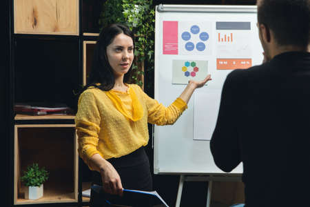Colleagues working together in modern office using flipchart during creative meeting