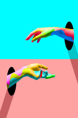 Contemporary art collage, modern design. Party mood. Bright colored hands catching each other.の写真素材