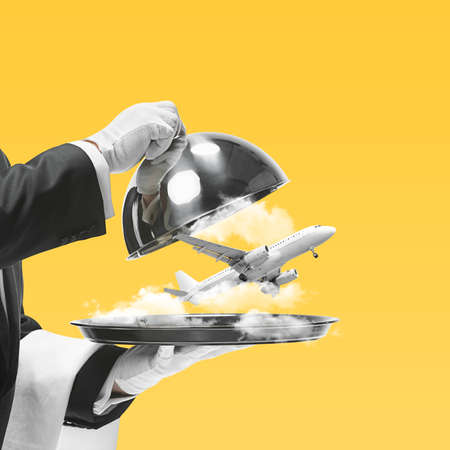 Contemporary art collage, modern design. Summer mood. Waiter serving air vacation with plane on...