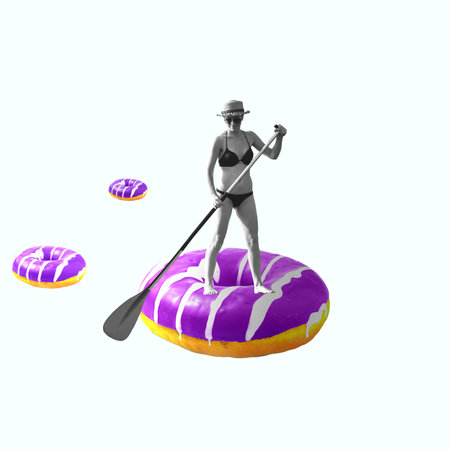 Contemporary art collage, modern design. Summer mood. Woman swimming on big purple donut like on...