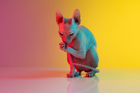Cute sphynx cat, kitty posing isolated over gradient studio background in neon lightの写真素材