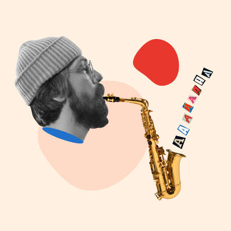 Contemporary art collage, modern design. Retro style. Stylish hipster, man playing saxophone with magazine letters on yellow backgroundの写真素材