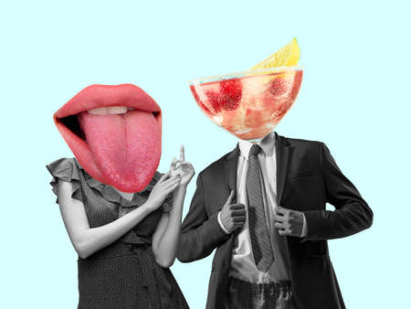Contemporary art collage, modern design. Retro style. Couple headed with tasty cocktail with berries...