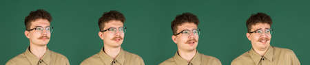 Evolution of emotions. Caucasian mans portrait isolated over green studio background with copyspace