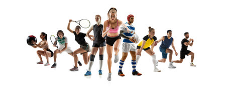 Collage of different professional sportsmen, fit people in action and motion isolated on white background. Flyer.の写真素材