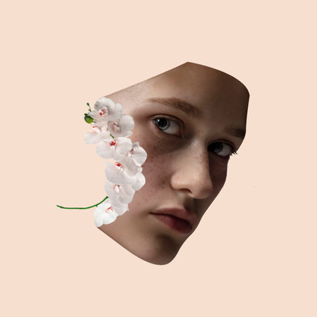 Modern design, contemporary art collage. Inspiration, idea, trendy urban magazine style. Female face close up on pastel yellow backgroundの写真素材