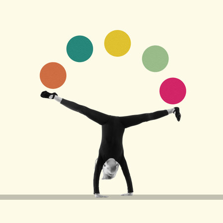 Modern design, contemporary art collage. Inspiration, idea, trendy urban magazine style. Little girl, athlete on geometrical backgroundの写真素材