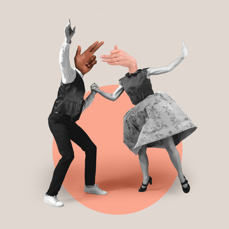Modern design, contemporary art collage. Inspiration, idea, trendy urban magazine style. Couple headed with hands dancing on geometrical backgroundの写真素材