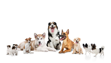 Art collage made of funny dogs different breeds posing isolated over white studio background.