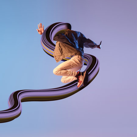 Stylish man with long fluid flood on gradient background. Negative space to insert your text. Modern...