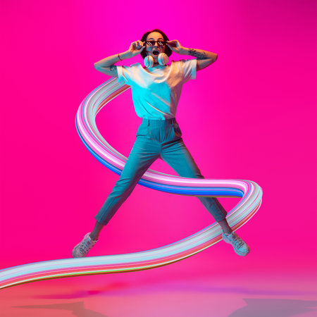Stylish woman with long fluid flood on gradient background. Negative space to insert your text. Modern design. Contemporary colorful and conceptual bright art collage.の写真素材