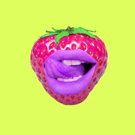 Contemporary art collage, modern design. Summer mood. Juicy strawberry with female mouthes and lips...