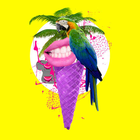 Contemporary art collage, modern design. Summer mood. Icecream made of tree, female lips and parrot...