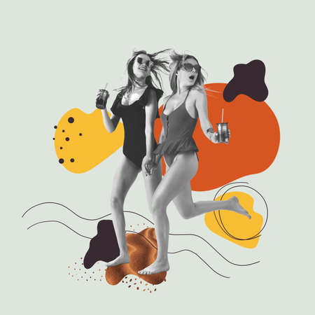 Two beautiful girls in swimming suits on geometric light background. Contemporary art collage, modern design.の写真素材
