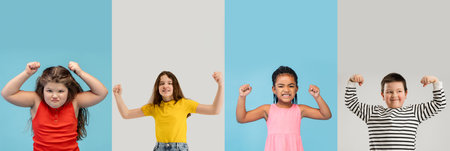 Art collage made of portraits of little and happy kids isolated on multicolored studio background....
