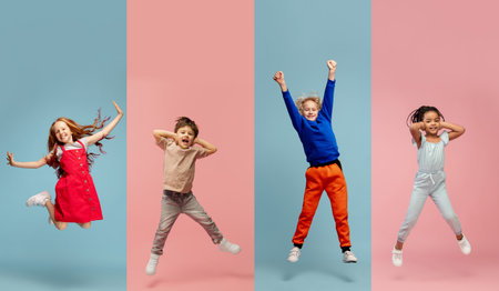 Art collage made of portraits of little and happy kids isolated on multicolored studio background. Human emotions, facial expression conceptの写真素材