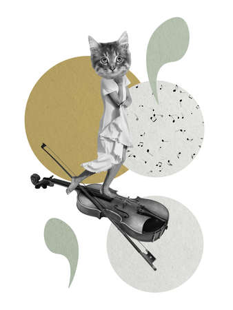 Contemporary art collage, modern design. Retro style. Cute cat with female body standing on giant violin on pastel color backgroundの写真素材