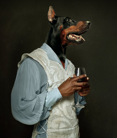 Model like medieval royalty person in vintage clothing headed by dog head on dark vintage background.の写真素材