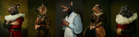 Models like medieval royalty persons in vintage clothing headed by dogs heads on dark vintage...