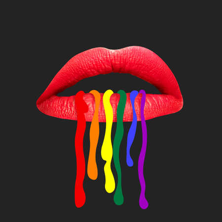 Modern design, contemporary art collage. Inspiration, idea, trendy urban magazine style. Female lips with colorful floods on black background.の写真素材