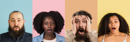 Portrait of group of people on multicolored background, collage, artworkの写真素材