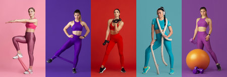 Collage of different professional sportswomen, fit people in action and motion isolated on multicolored background. Flyer.の写真素材
