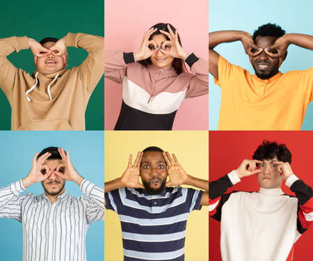 Portraits of group of people on multicolored background, collage.の写真素材