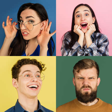 Portraits of group of people on multicolored background, collage.