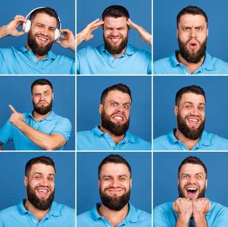 Collage made of different photos of man isolated on blue background, artworkの写真素材