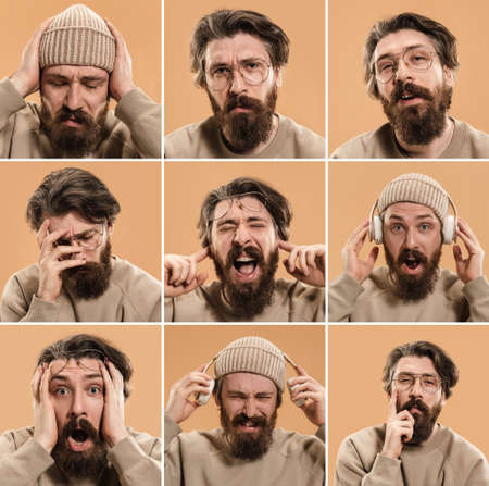 Collage made of different photos of man isolated on brown background, artworkの写真素材