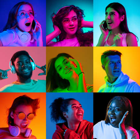 Portraits of group of people on multicolored background in neon light, collage.の写真素材