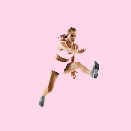 Modern design, contemporary art collage. Inspiration, idea, trendy magazine style. Sport. Professional female runner, jogger on pink background.の写真素材