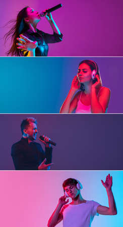 Portrait of group of people on multicolored background in neon light, collage.の写真素材