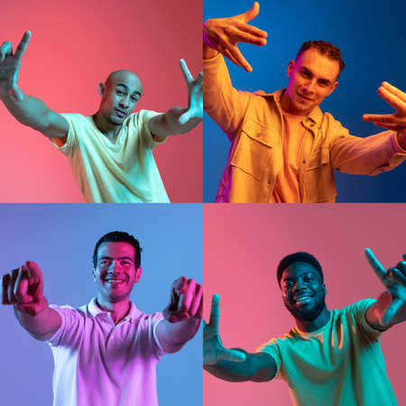 Portrait of group of people on multicolored background in neon light, collage.の写真素材