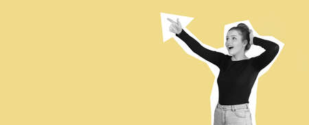 Portrait of young woman on yellow background in magazine style, collage, flyer