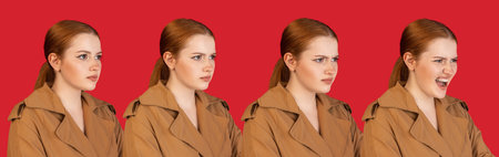 Close-up Caucasian young womans portrait on red studio background. Concept of human emotions, facial...