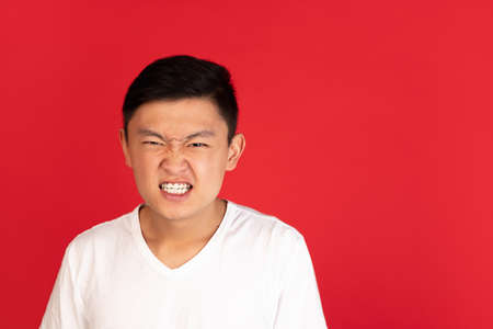 Asian young mans portrait on red studio background. Concept of human emotions, facial expression, youth, sales, ad.の写真素材