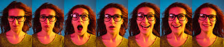Collage made of different photos of young Caucasian woman isolated on dark background in neon light, artworkの写真素材