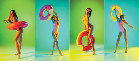 Portraits of beautiful seductive girl in fashionable swimsuit on disco bicolored neon studio...