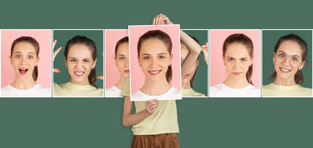 Portraits of young smiling girl with different emotions isolated on green background. Concept of facial expressions. Collageの写真素材