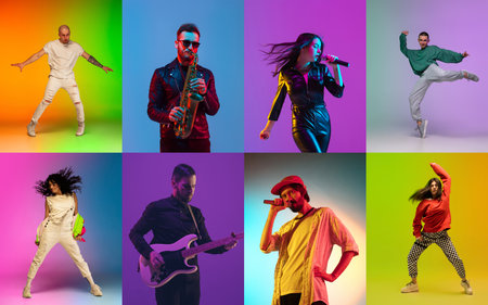 Singers and dancers. Portrait of group of people on multicolored background in neon light, collage.