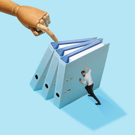 Young man manager, finance analyst or clerk in office suit isolated on blue background. Collage, illustrationの写真素材