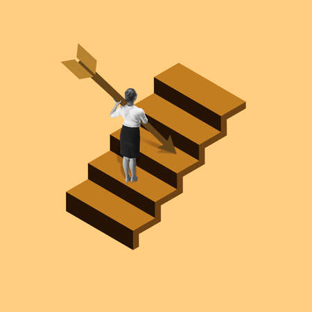 Career ladder. Young woman, secretary or finance analyst in office suit upstairs isolated on light background. Collage, illustrationの写真素材