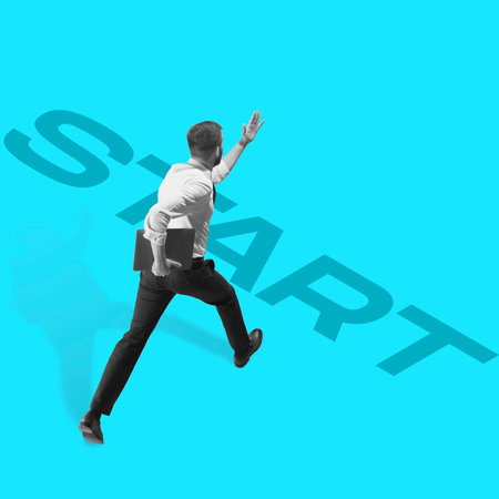 Start your business. Young male manager, finance analyst or clerk in office suit isolated on blue background. Collage, illustrationの写真素材