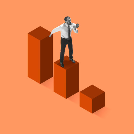 Shouting. Young male manager, finance analyst or clerk in office suit isolated on colored neon background. Collage, illustrationの写真素材