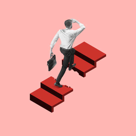 Career ladder. Young man manager, finance analyst or clerk in office suit isolated on light background. Collage, illustrationの写真素材