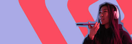 Contemporary art collage, modern design. Retro style. Woman on colored studio background in magazine...