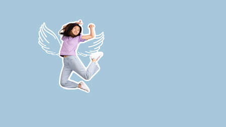 Jumping high, running. Asian young womans portrait on pink studio background. Beautiful female model...