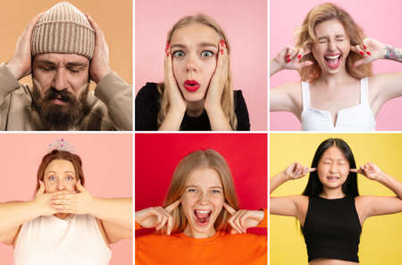 Collage of male and female looking with wide eyed expression being horrified to find out bad newsの写真素材