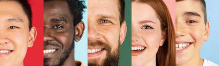 Collage of contemporary young men and women looking at cameraの写真素材